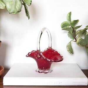 Murano Basket Vase Or Candy Dish, Red And Clear Glass Footed Basket
